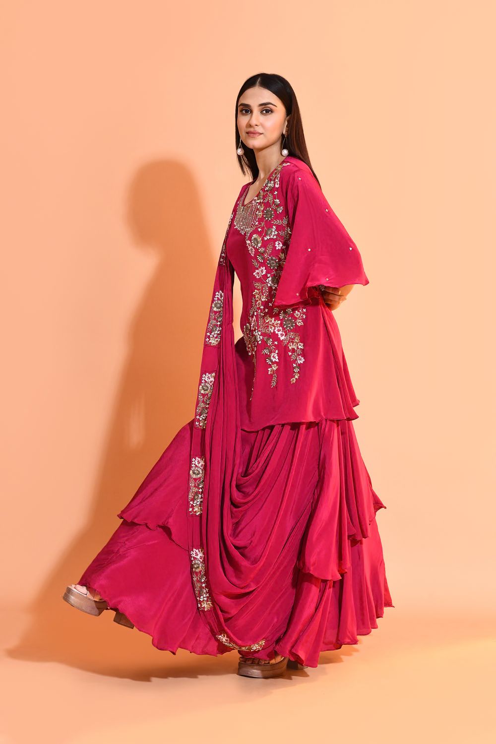Magenta Floral Embellished Crepe Silk Skirt Set