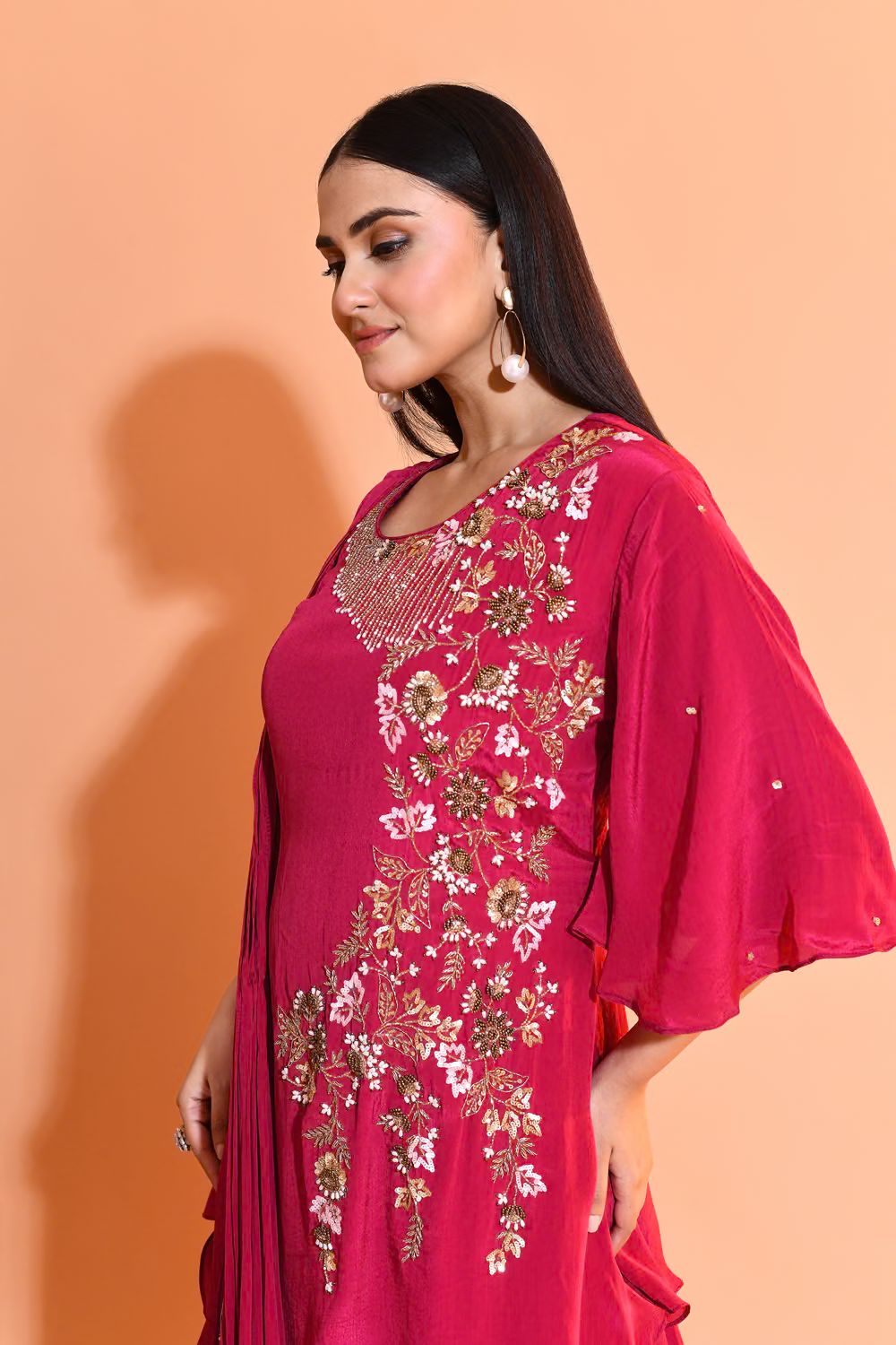 Magenta Floral Embellished Crepe Silk Skirt Set
