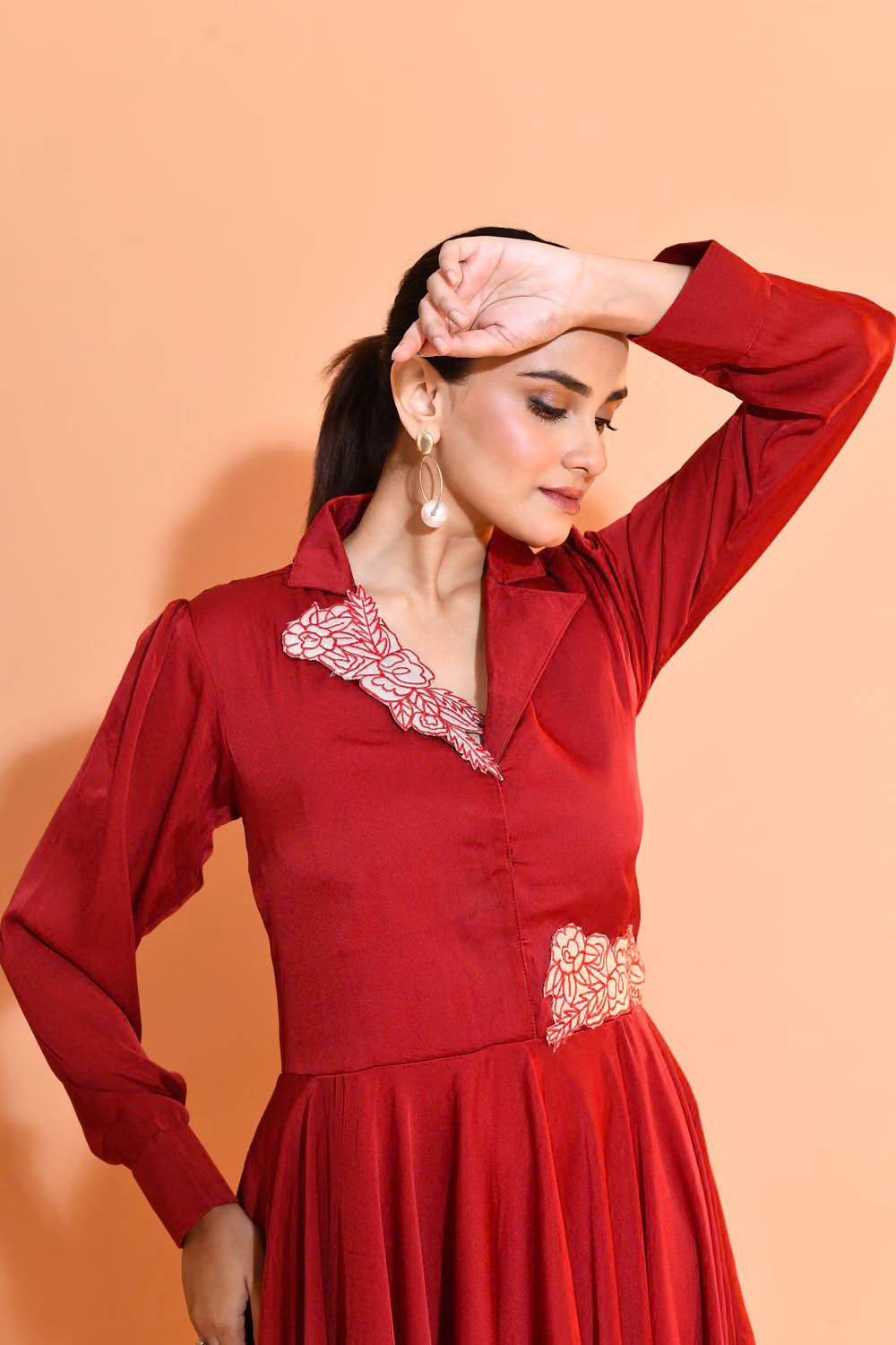 Maroon Embellished Satin Silk Dress