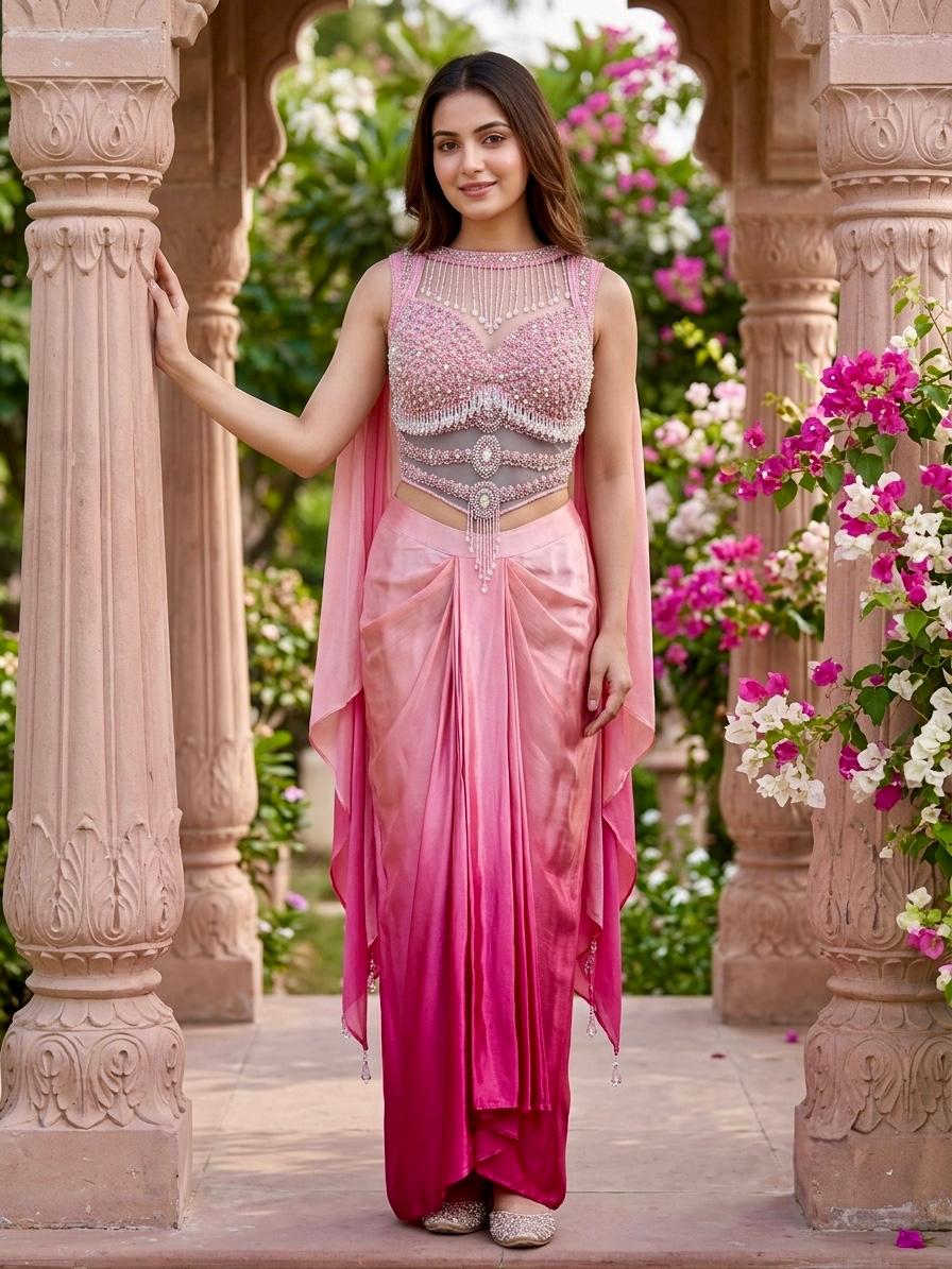 Rose Ombre Embellished Satin Silk Draped Skirt Set