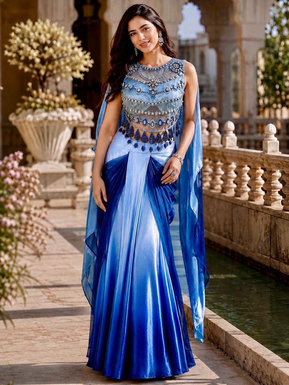 Electric Blue Ombre Embellished Satin Draped Skirt Set