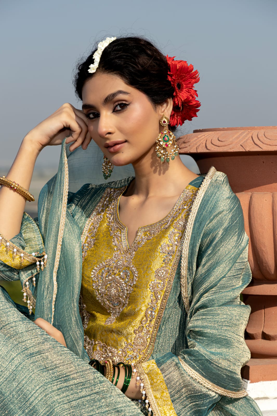 Moss Green Embellished Tissue Silk Pant Set