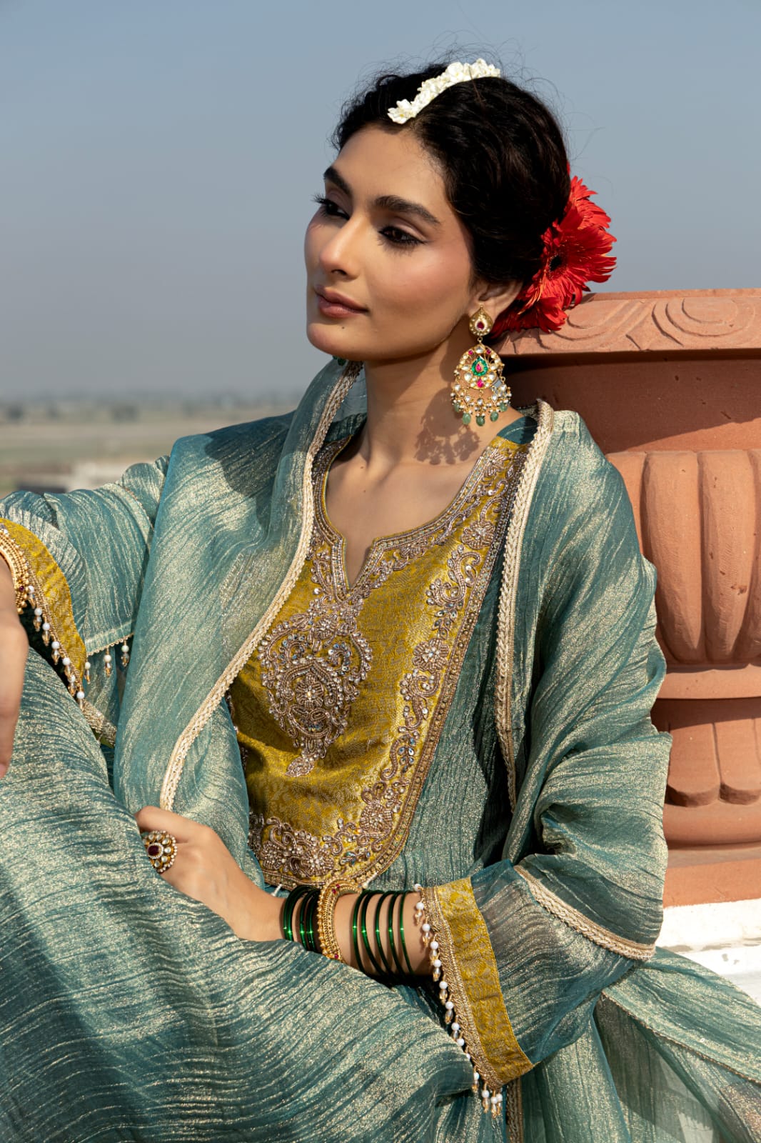 Moss Green Embellished Tissue Silk Pant Set
