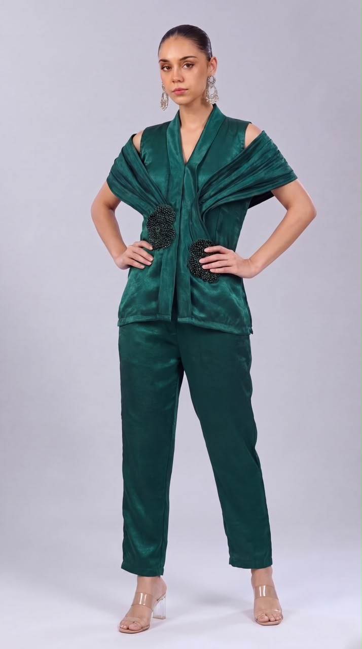 Emerald Green Embellished Premium Silk Co-Ord Set