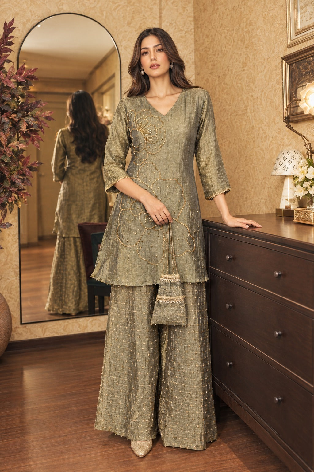Olive Grey Embellished Shimmer Tissue Silk Palazzo Set