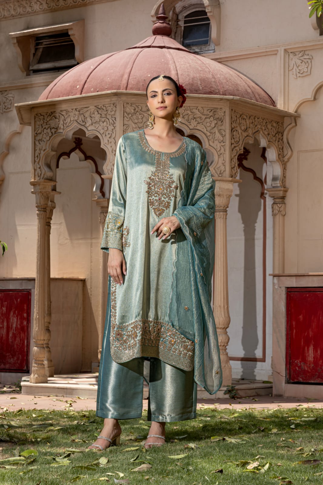Sea Green Embellished Giraffe Tissue Silk Palazzo Set
