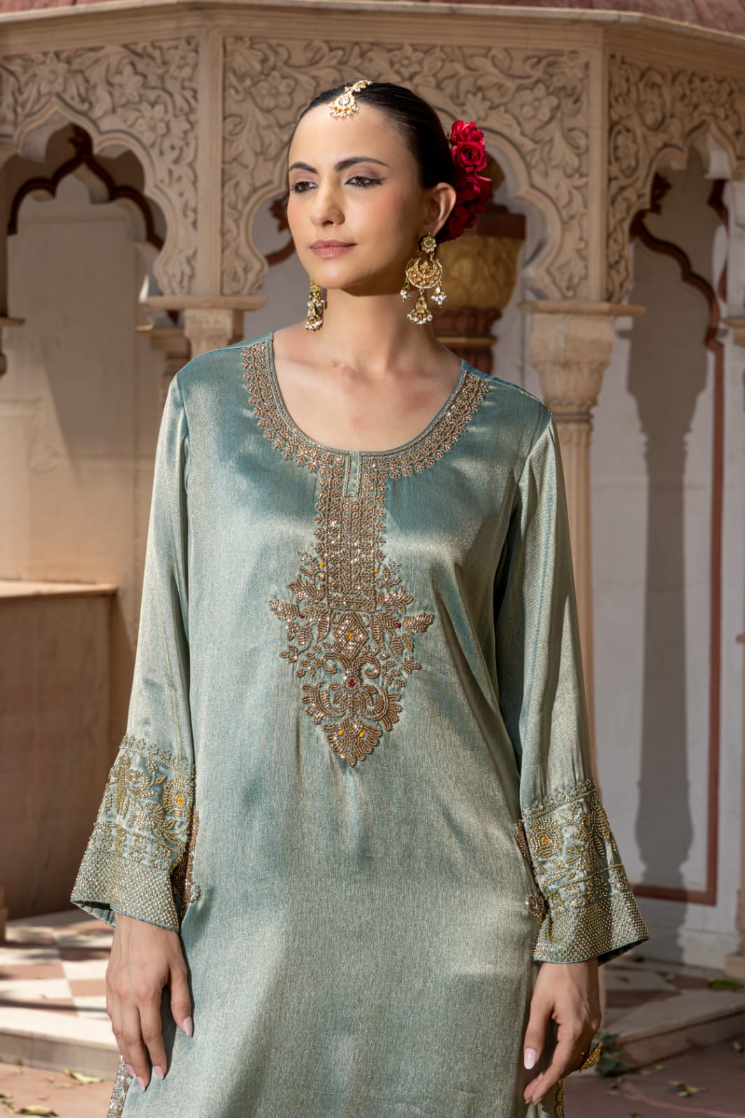 Sea Green Embellished Giraffe Tissue Silk Palazzo Set