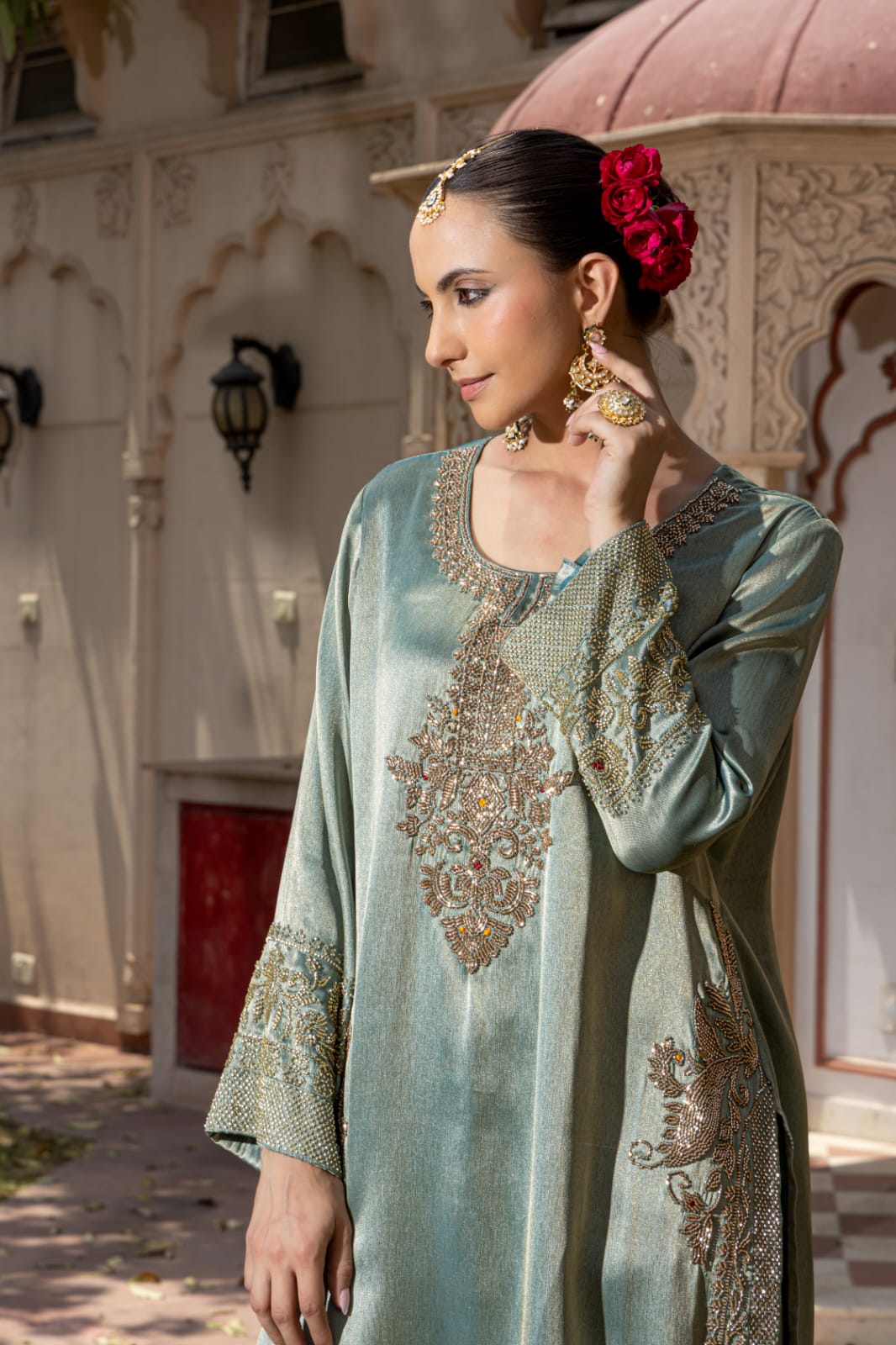 Sea Green Embellished Giraffe Tissue Silk Palazzo Set