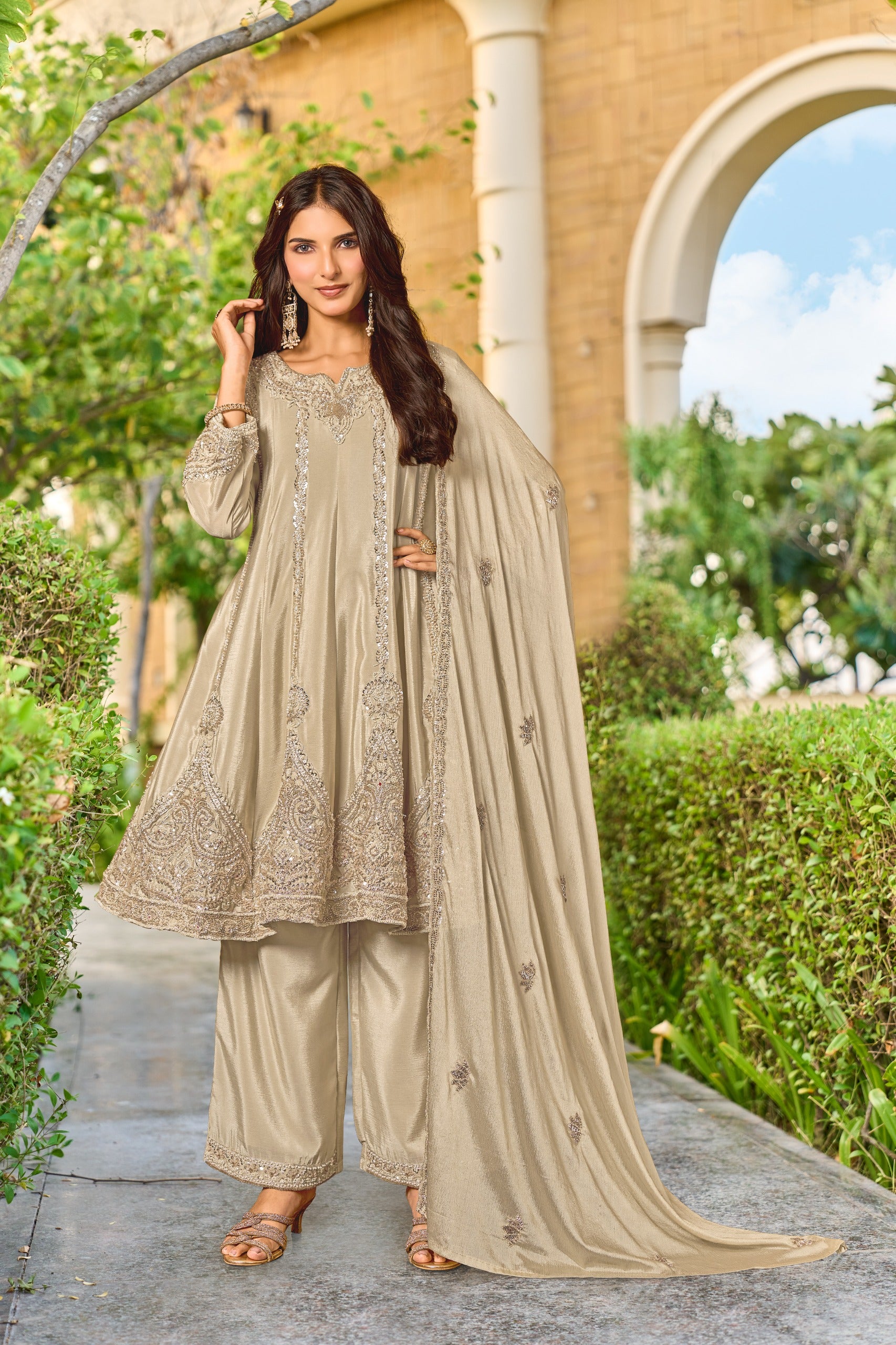Light Beige Embellished Crepe Silk Palazzo Set