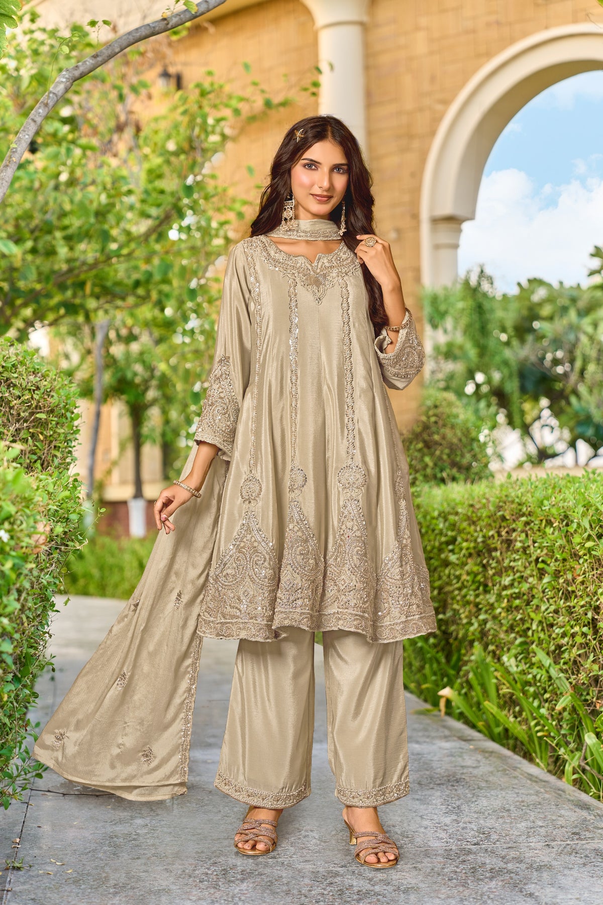 Light Beige Embellished Crepe Silk Palazzo Set