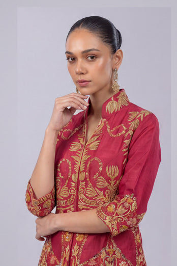 Fuchsia Pink Embellished Dola Silk Skirt Set