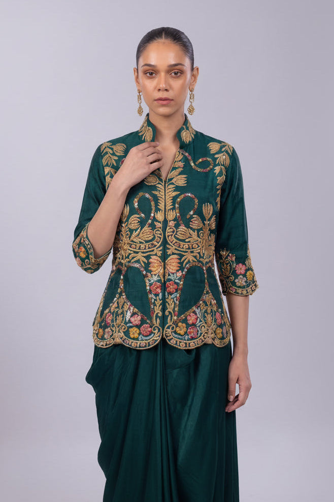 Bottle Green Embellished Dola Silk Skirt Set