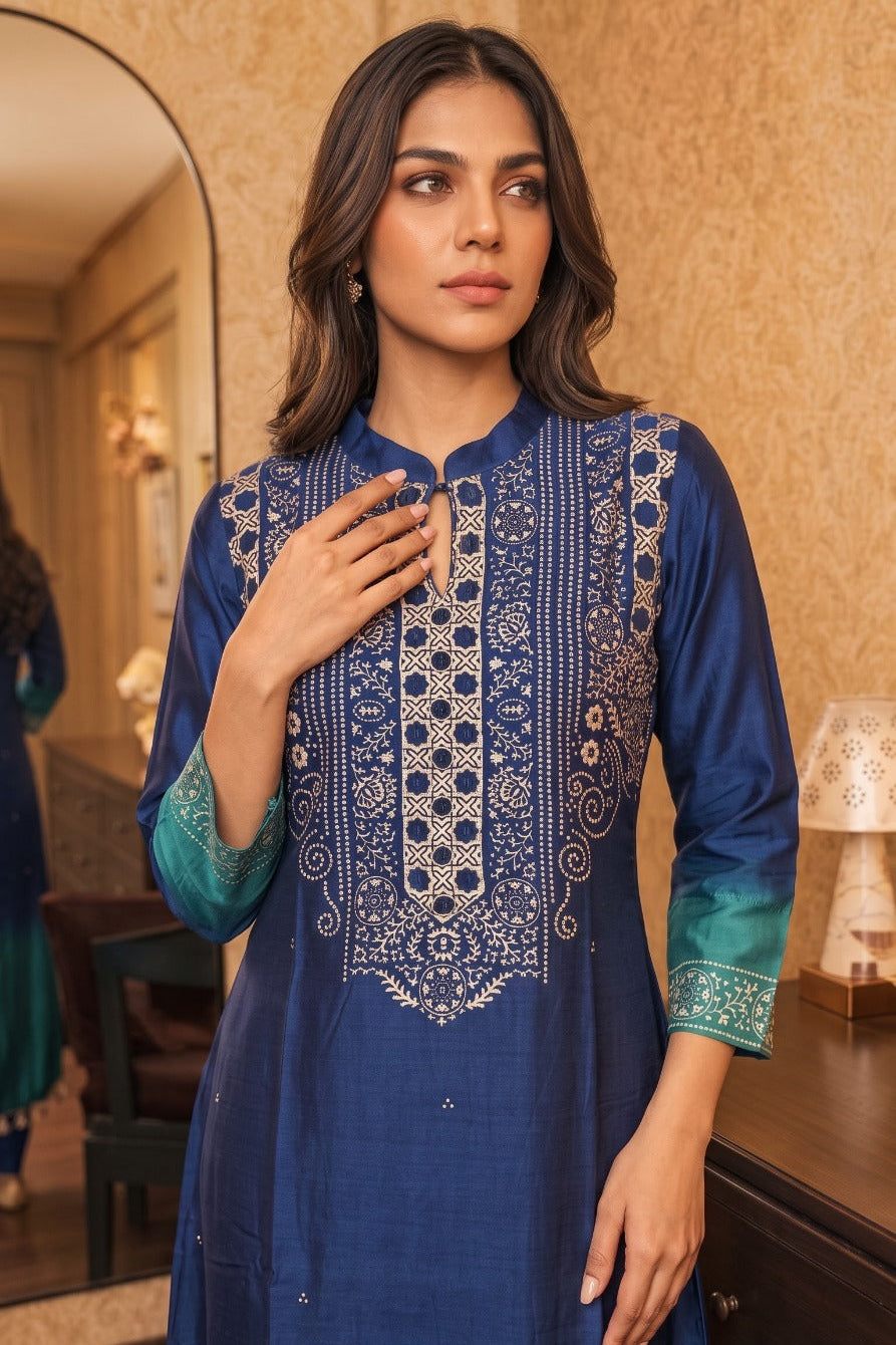 Ombre Blue & Teal Embellished Crepe Silk Kurta Set