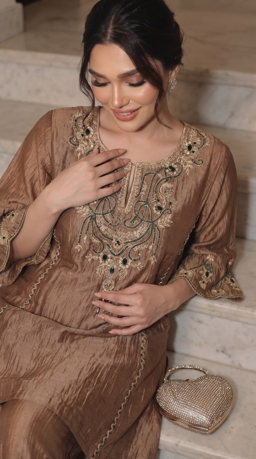 Mocha Champagne Embellished Tissue Silk Co-Ord Set