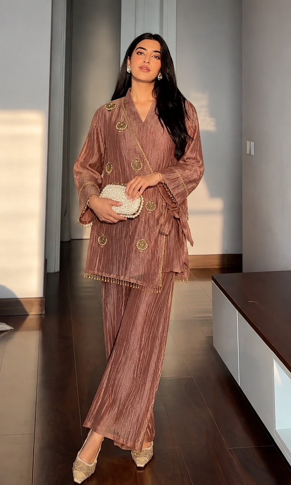 Rose Bronze Embellished Shimmer Silk Co-Ord Set