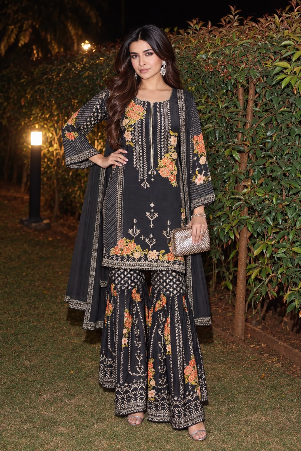 Midnight Black Embellished Crepe Silk Sharara Set