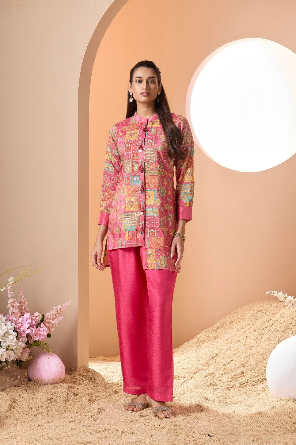 Multi Pink Embellished Shimmer Silk Co-Ord Set