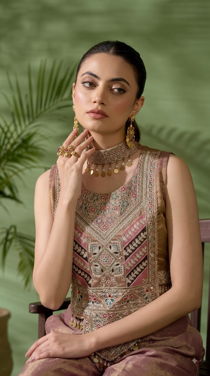 Rose Gold Embellished Shimmer Silk Co-Ord Set