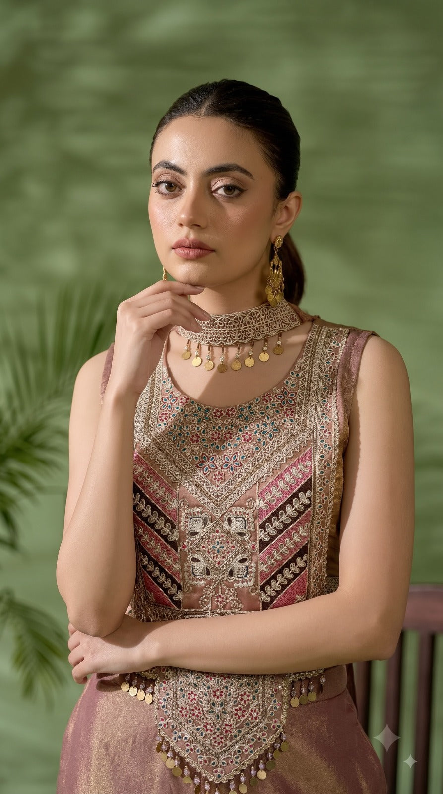 Rose Gold Embellished Shimmer Silk Co-Ord Set