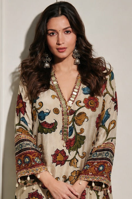 Cream Multicolor Printed Crepe Silk Co-Ord Set