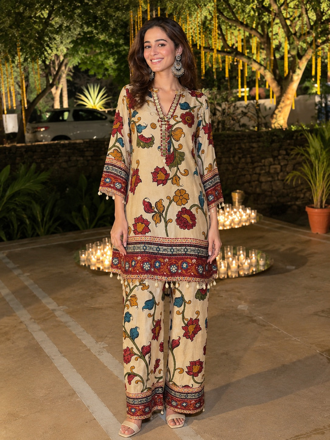 Cream Multicolor Printed Crepe Silk Co-Ord Set