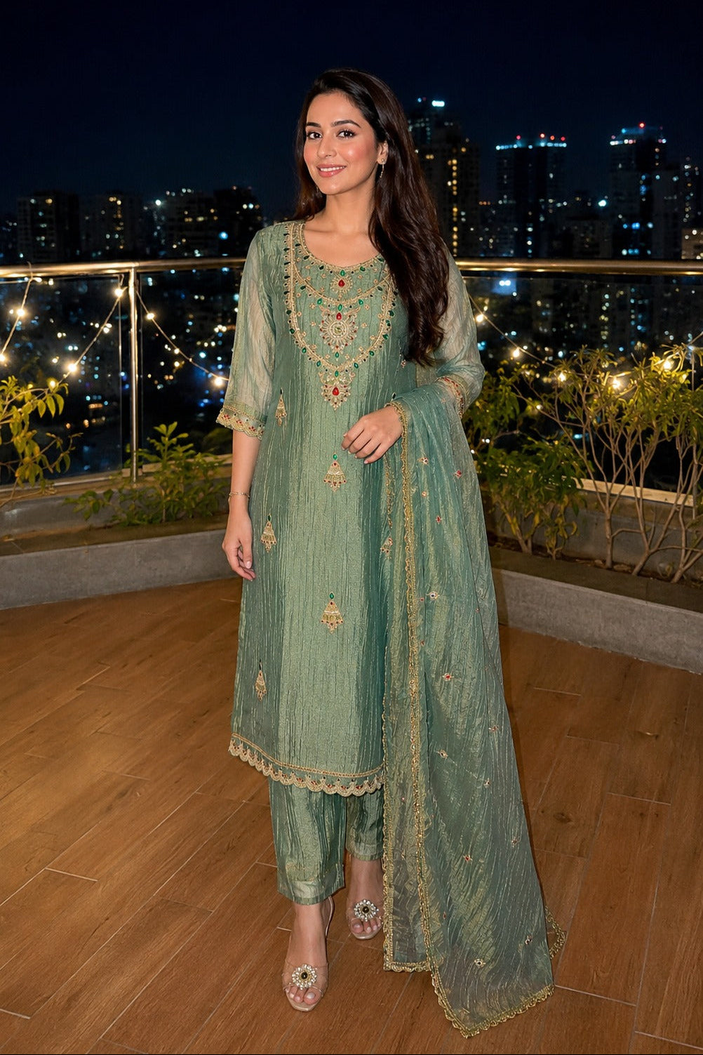 Sage Green Embellished Shimmer Tissue Silk Pant Set
