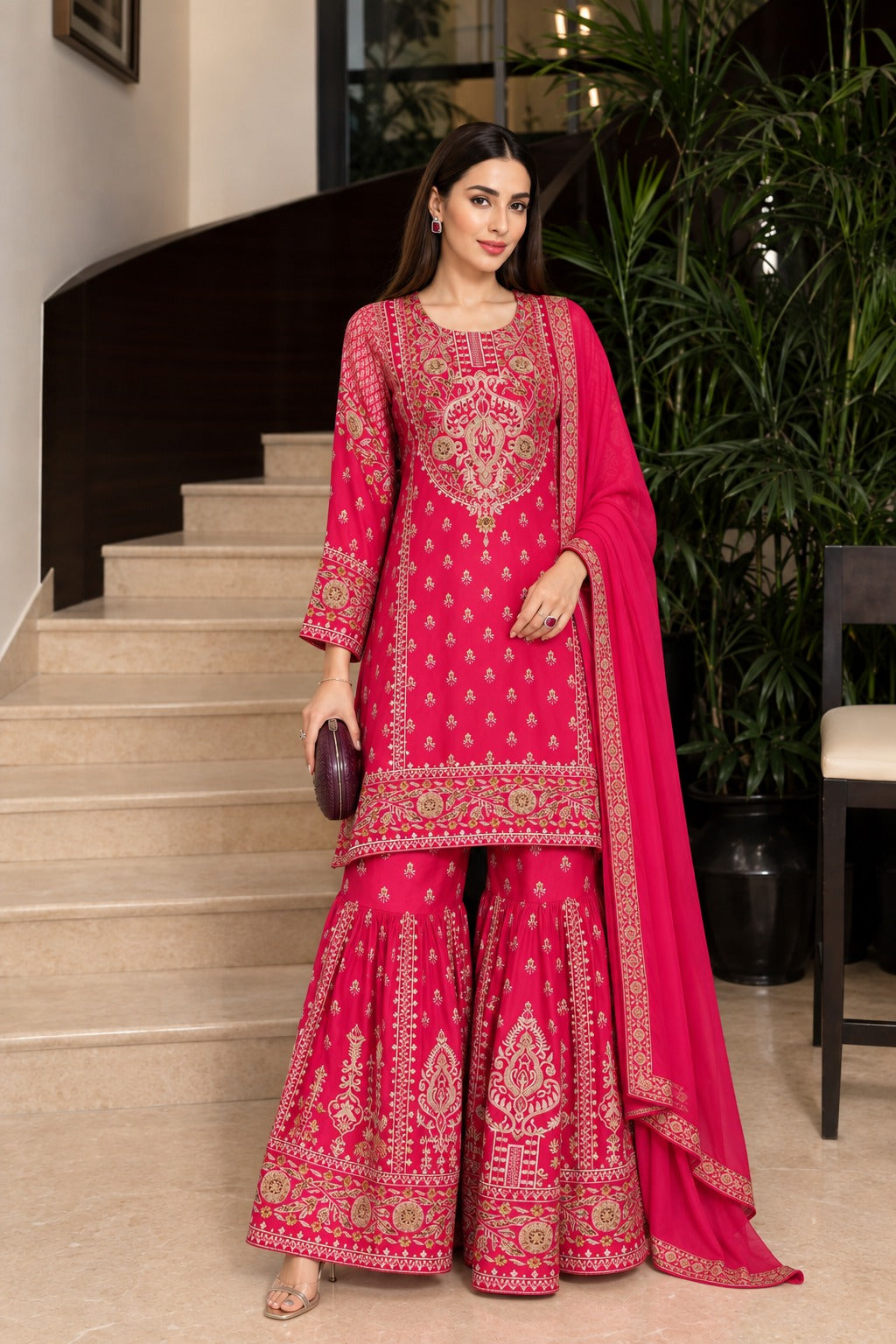 Cherry Pink Embellished Pure Crepe Silk Sharara Set