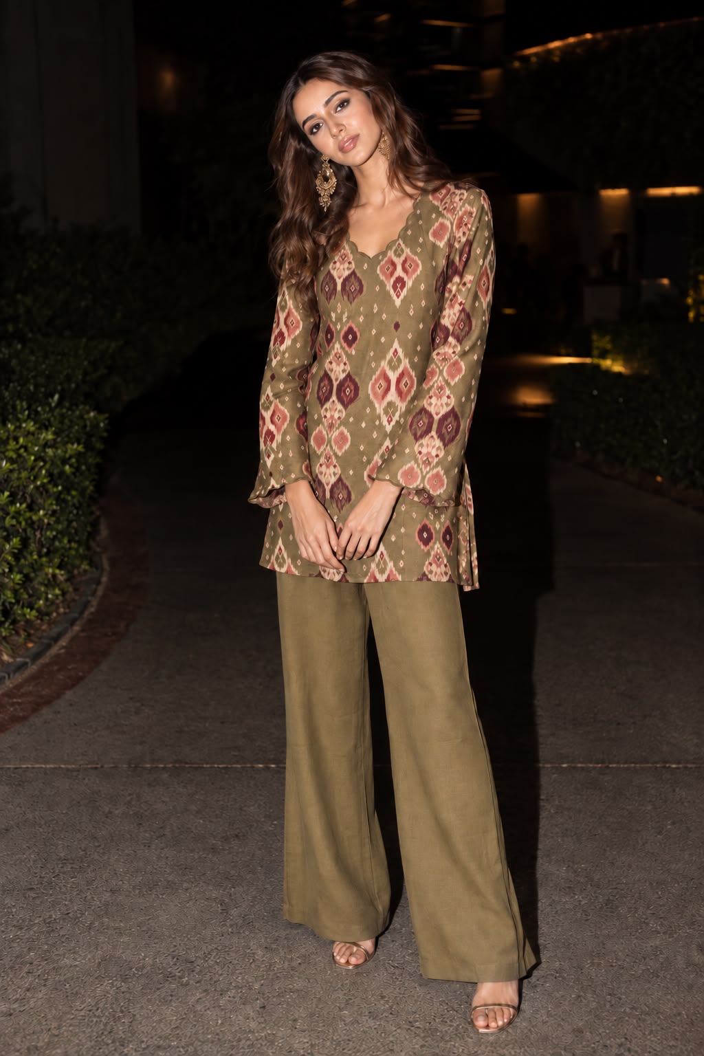 Muted Olive Printed Pure Muslin Silk Co-Ord Set