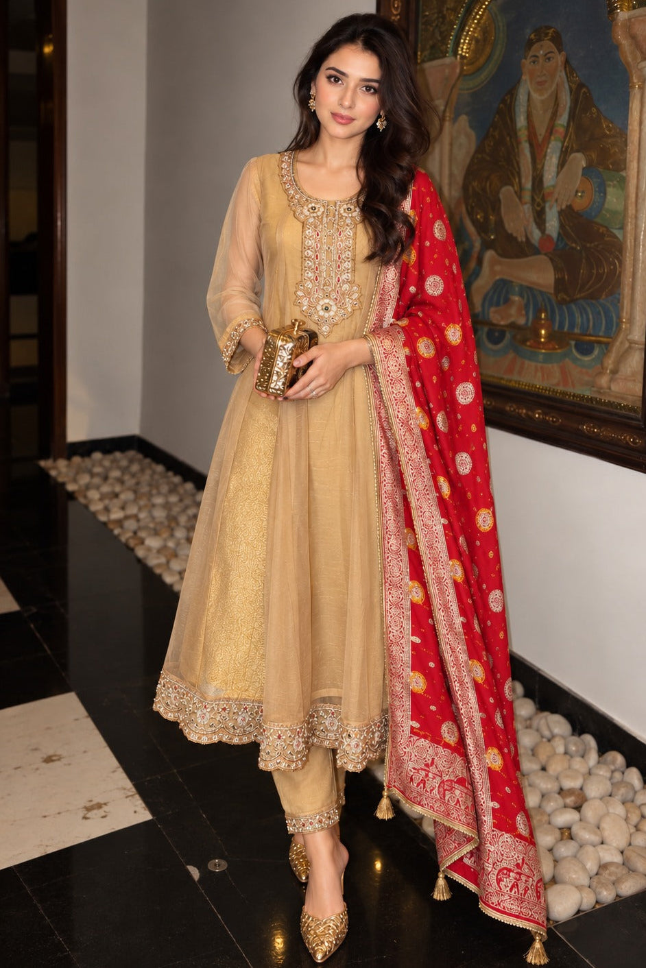 Golden Beige & Red Embellished Tissue Silk Anarkali Set