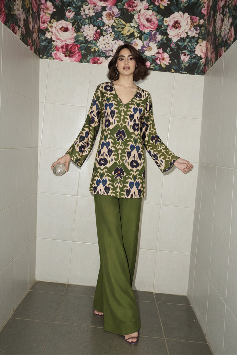 Green Fern Printed Pure Muslin Silk Co-Ord Set