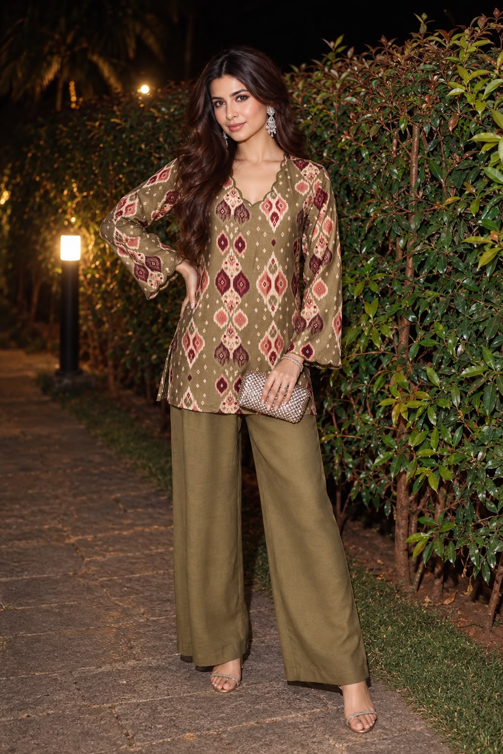 Muted Olive Printed Pure Muslin Silk Co-Ord Set
