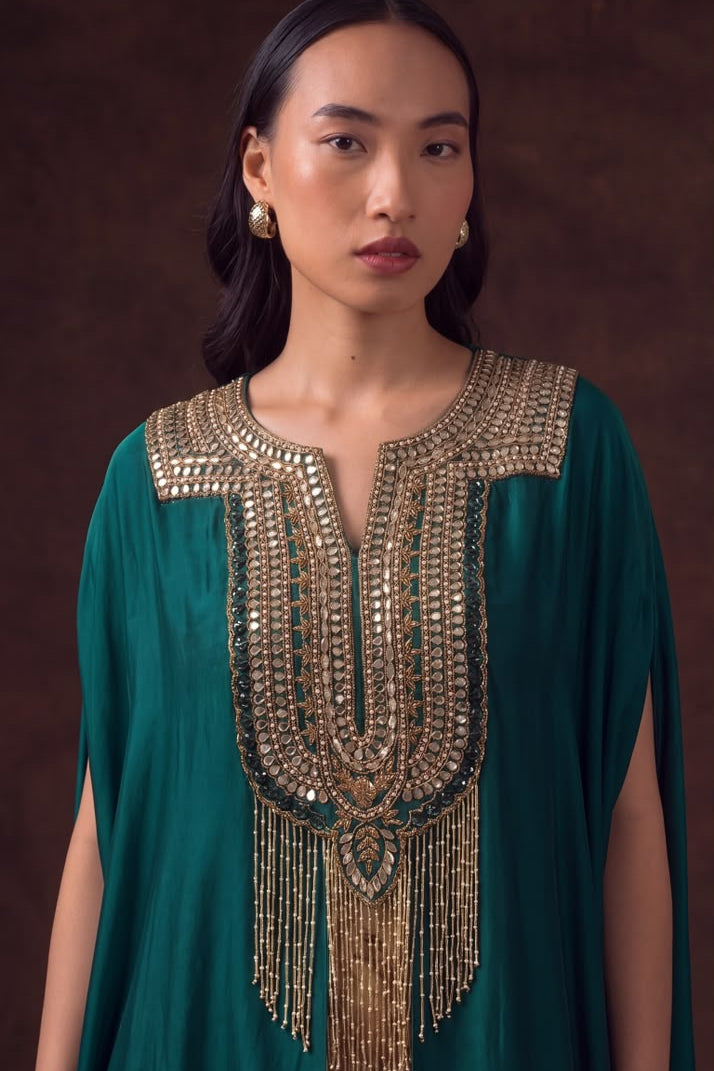 Teal Embellished Satin Silk Drape Skirt Set