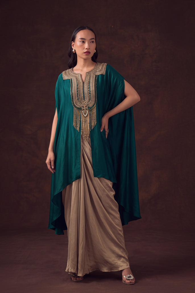 Teal Embellished Satin Silk Drape Skirt Set