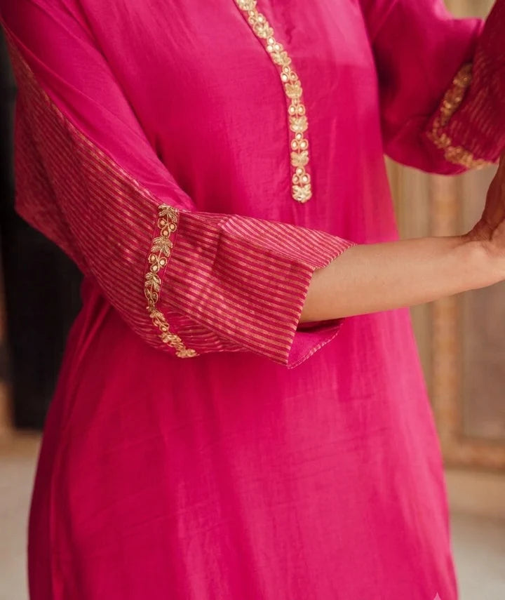Rani Pink Embellished Tabby Silk Kurta Set