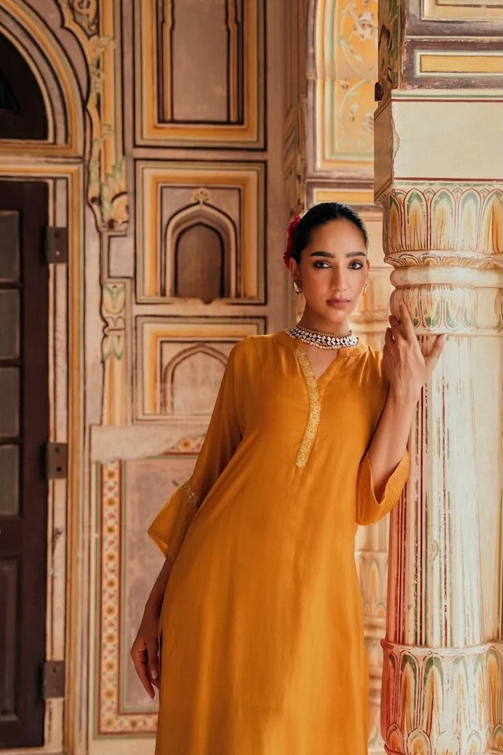Mustard Embellished Tabby Silk Kurta Set