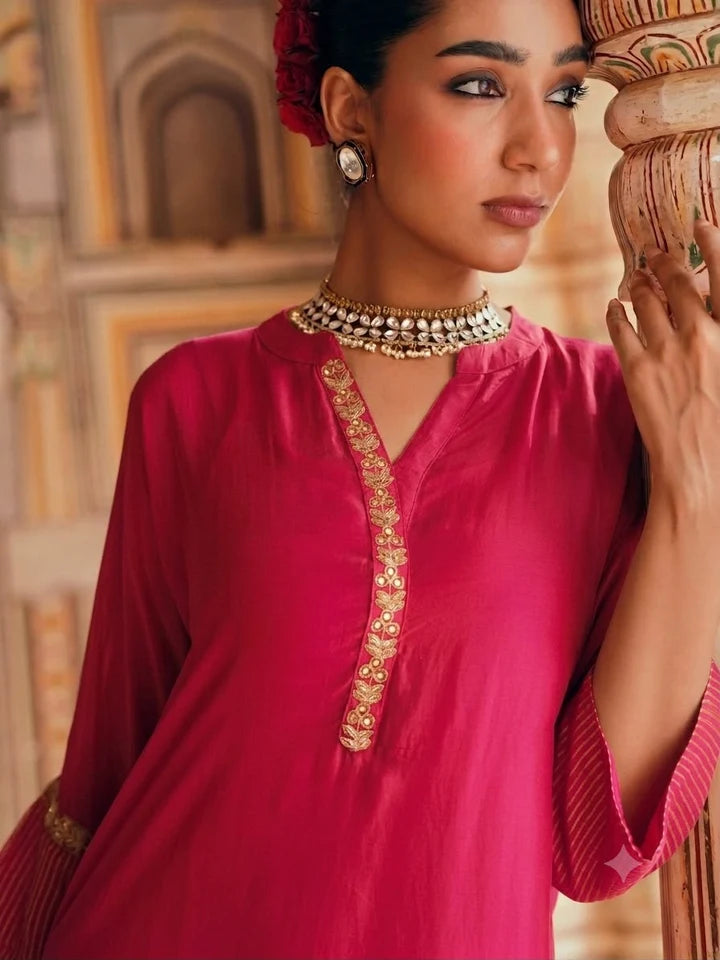 Rani Pink Embellished Tabby Silk Kurta Set
