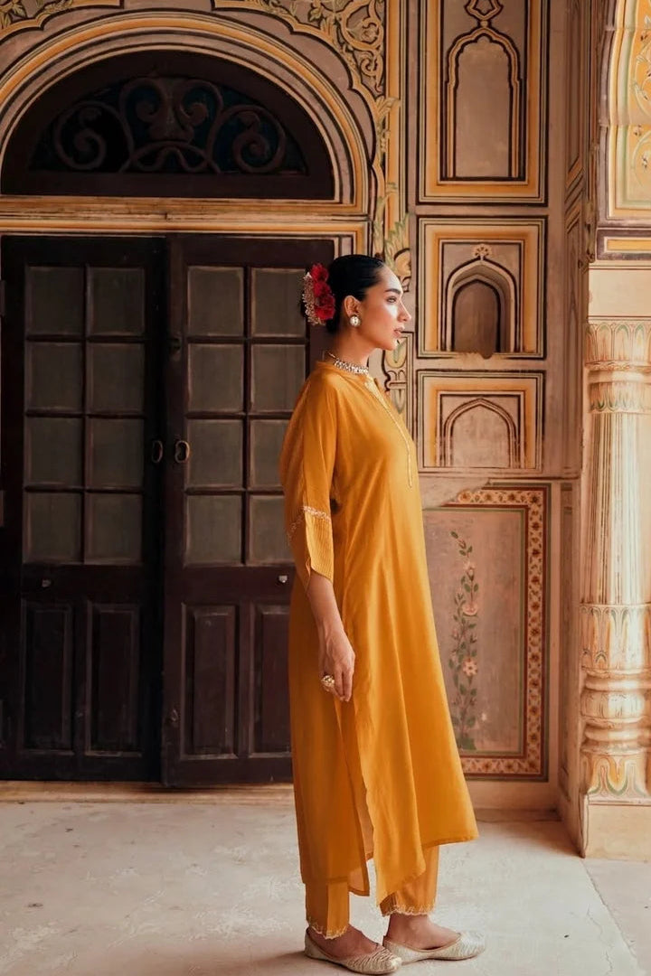 Mustard Embellished Tabby Silk Kurta Set