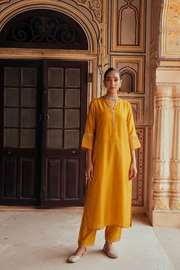 Mustard Embellished Tabby Silk Kurta Set