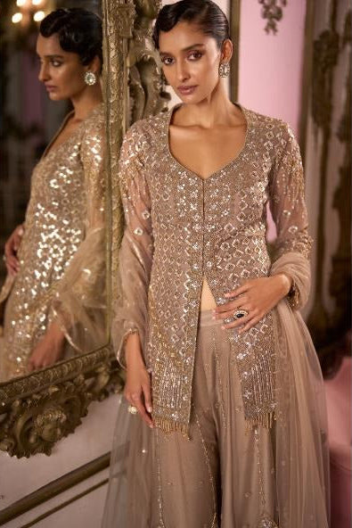 Taupe Beige Embellished Premium Net Palazzo Set