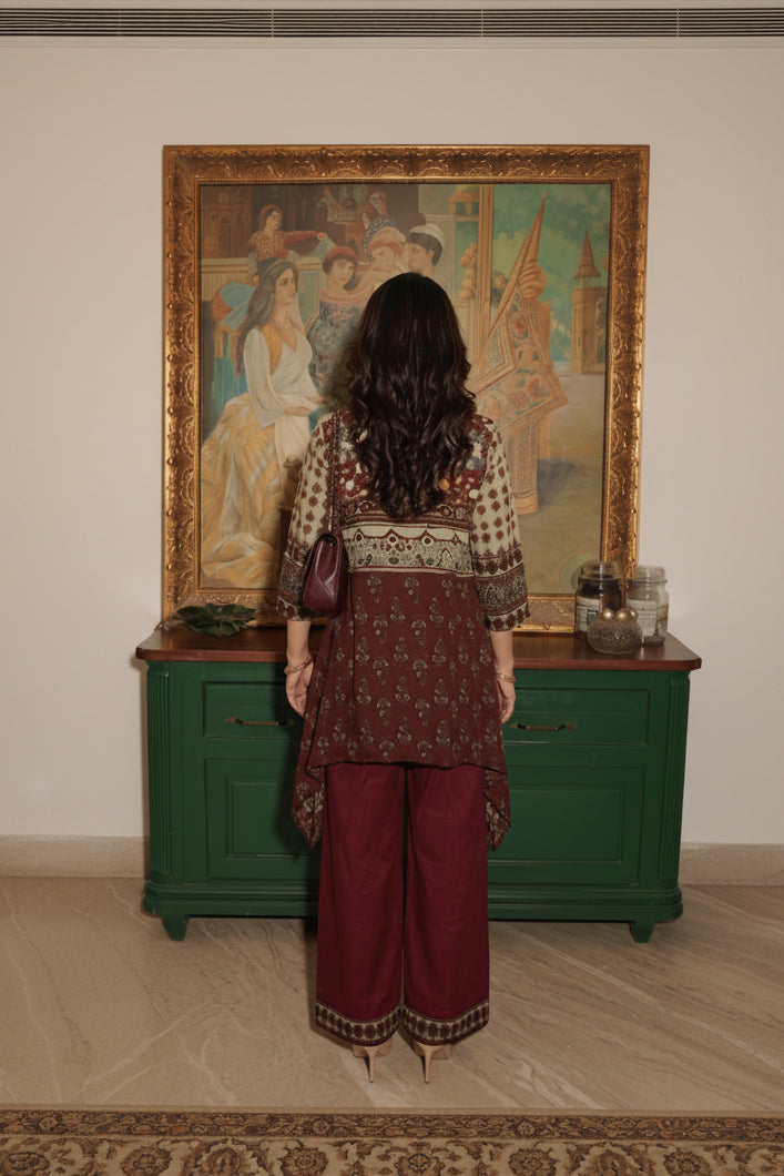 Mahagony Maroon Printed Modal Silk Palazzo Set