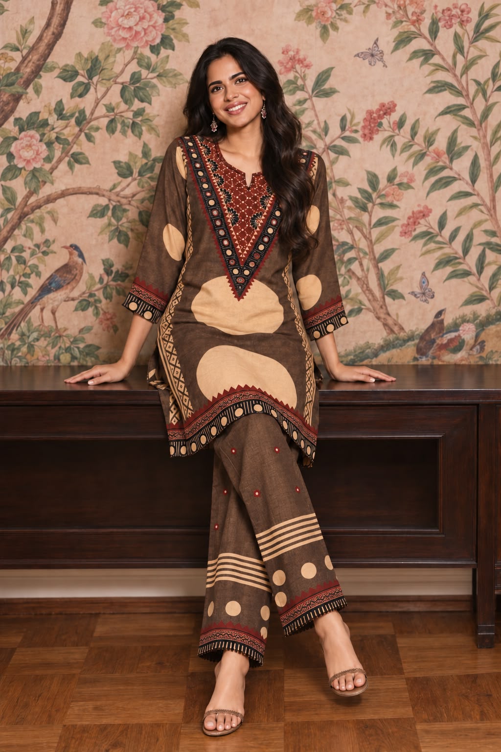 Brown Beige Printed Crepe Silk Co-Ord Set