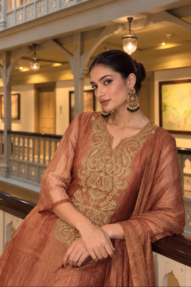 Peach Gold Embellished Tissue Silk Palazzo Set
