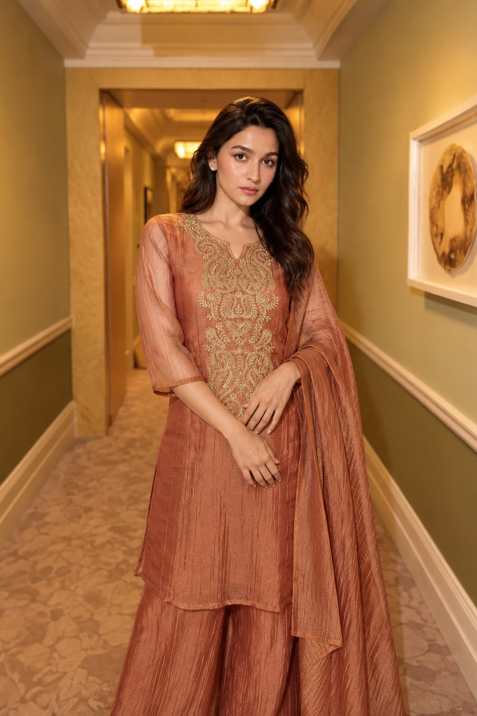 Peach Gold Embellished Tissue Silk Palazzo Set
