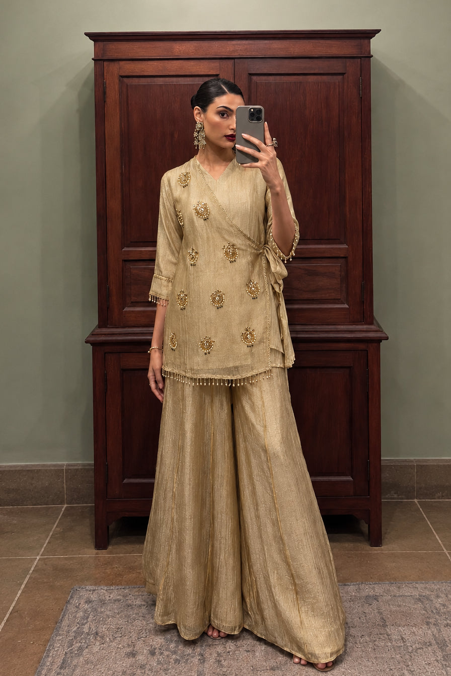 Champagne Gold Embellished Shimmer Silk Co-Ord Set