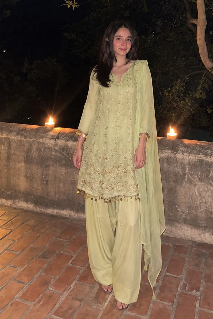 Pastel Green Embroidered Premium Silk Farshi Salwar Set