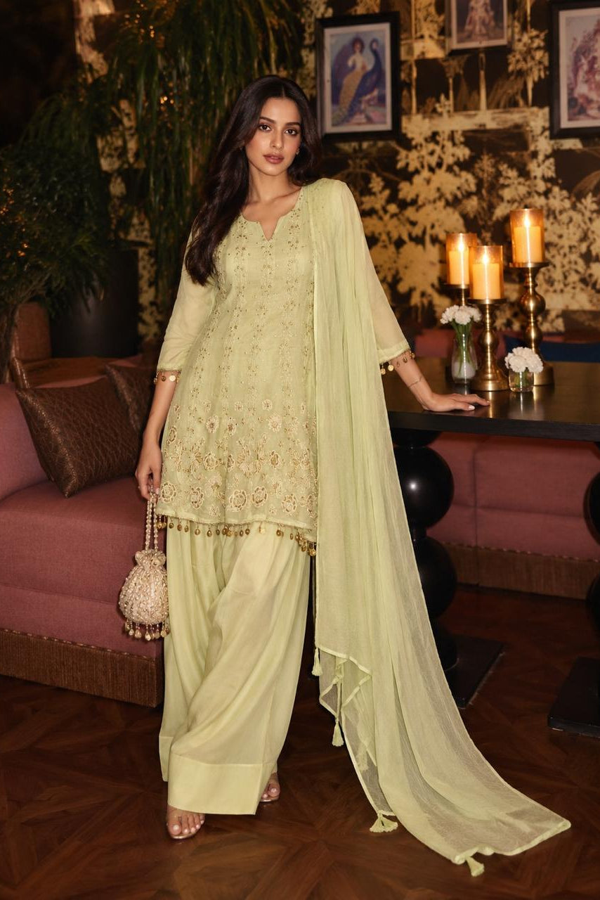 Pastel Green Embroidered Premium Silk Farshi Salwar Set