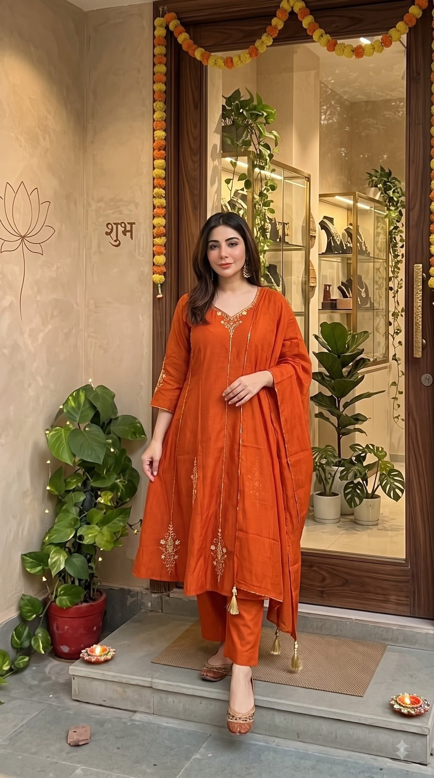 Bright Orange Embellished Premium Silk Pant Set