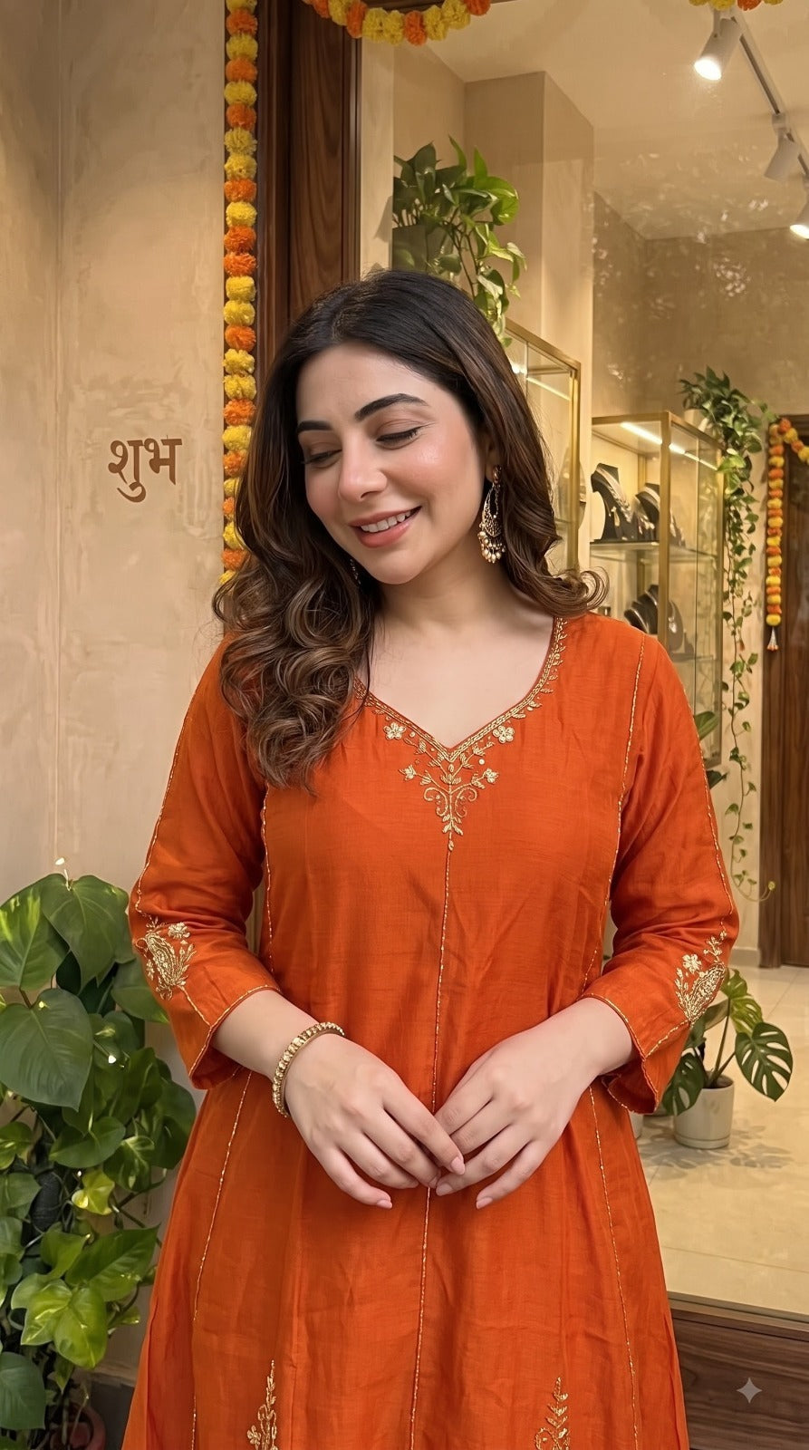 Bright Orange Embellished Premium Silk Pant Set