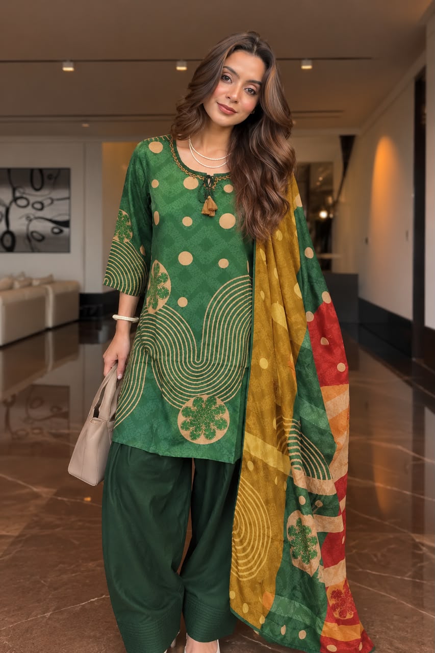 Forest Green Printed Crepe Silk Farshi Salwar Set