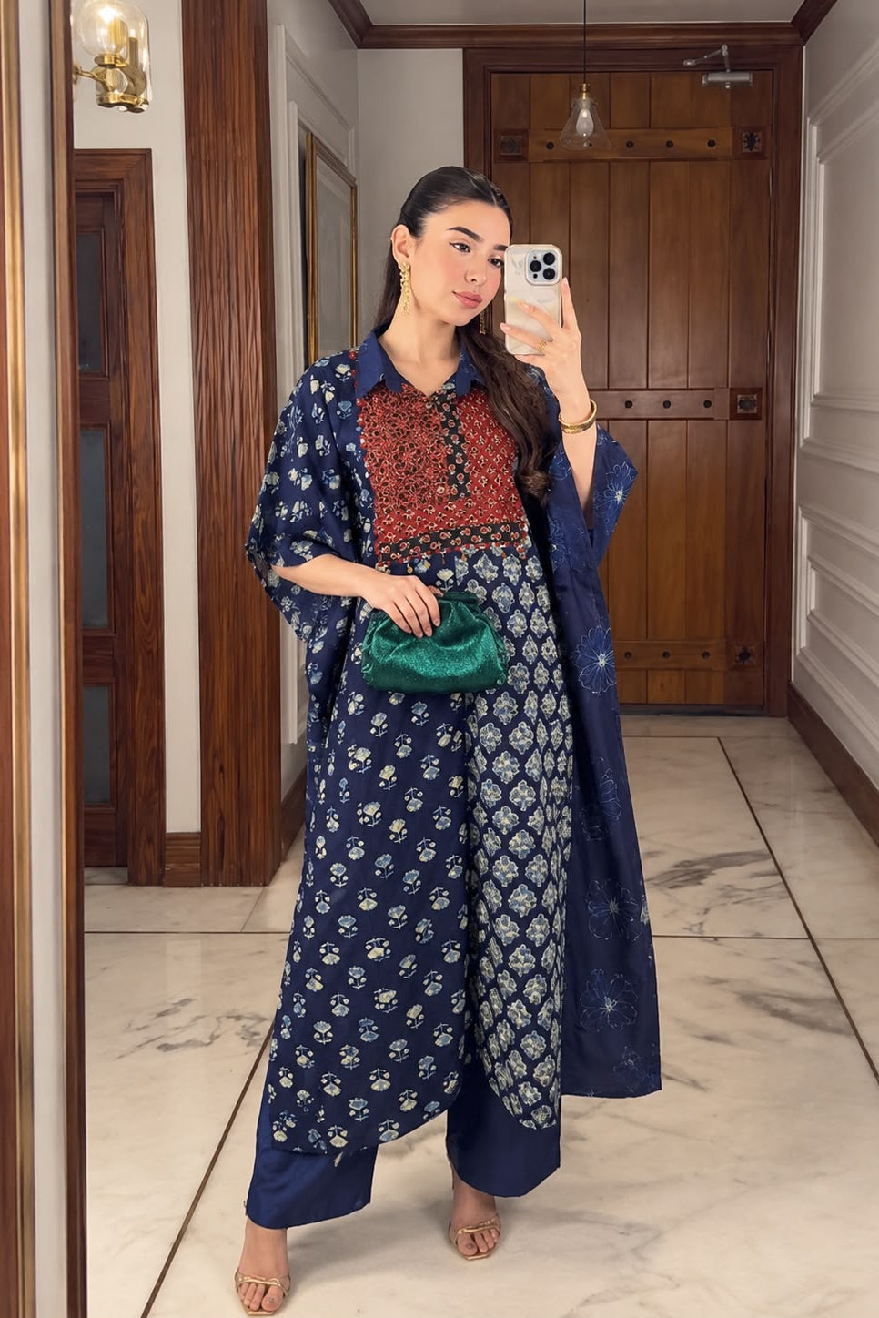 Navy Blue Ajrakh Print Pure Cotton Kaftan Set